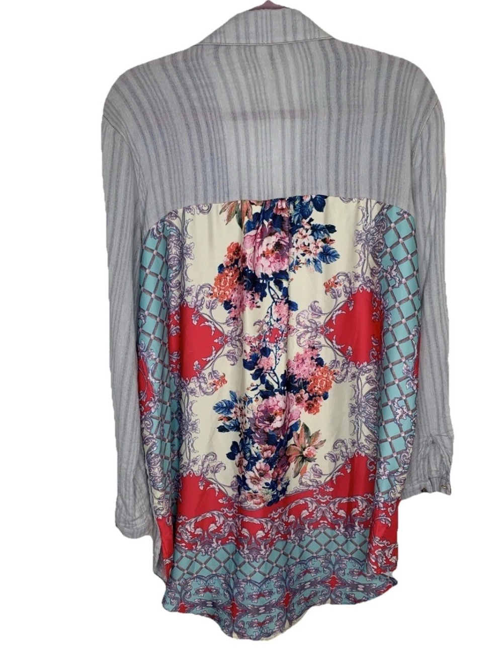 Aratta Silent Journey Embroidered Button Front Tunic Top Floral Back Art Sz Med